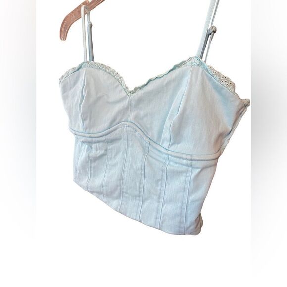 Tiger Mist Sz M Turquoise Bustier Boning Skinny Straps Cotton Ruffle Trim Top - Picture 2 of 7